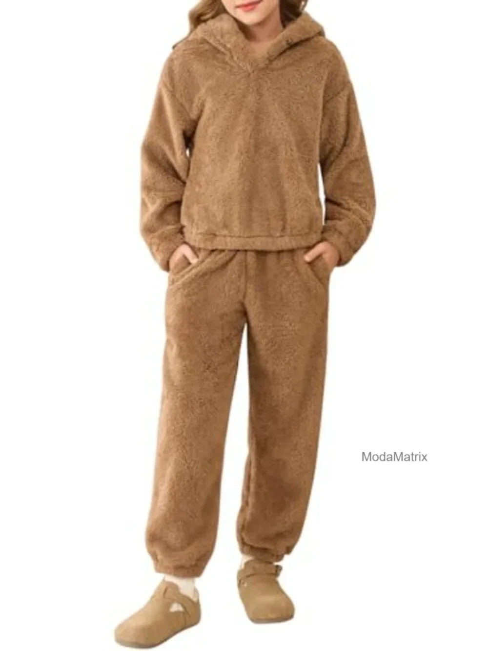 2 Piece Girls Fuzzy Bear Ear Hoodie & Jogger Sweatsuit Set